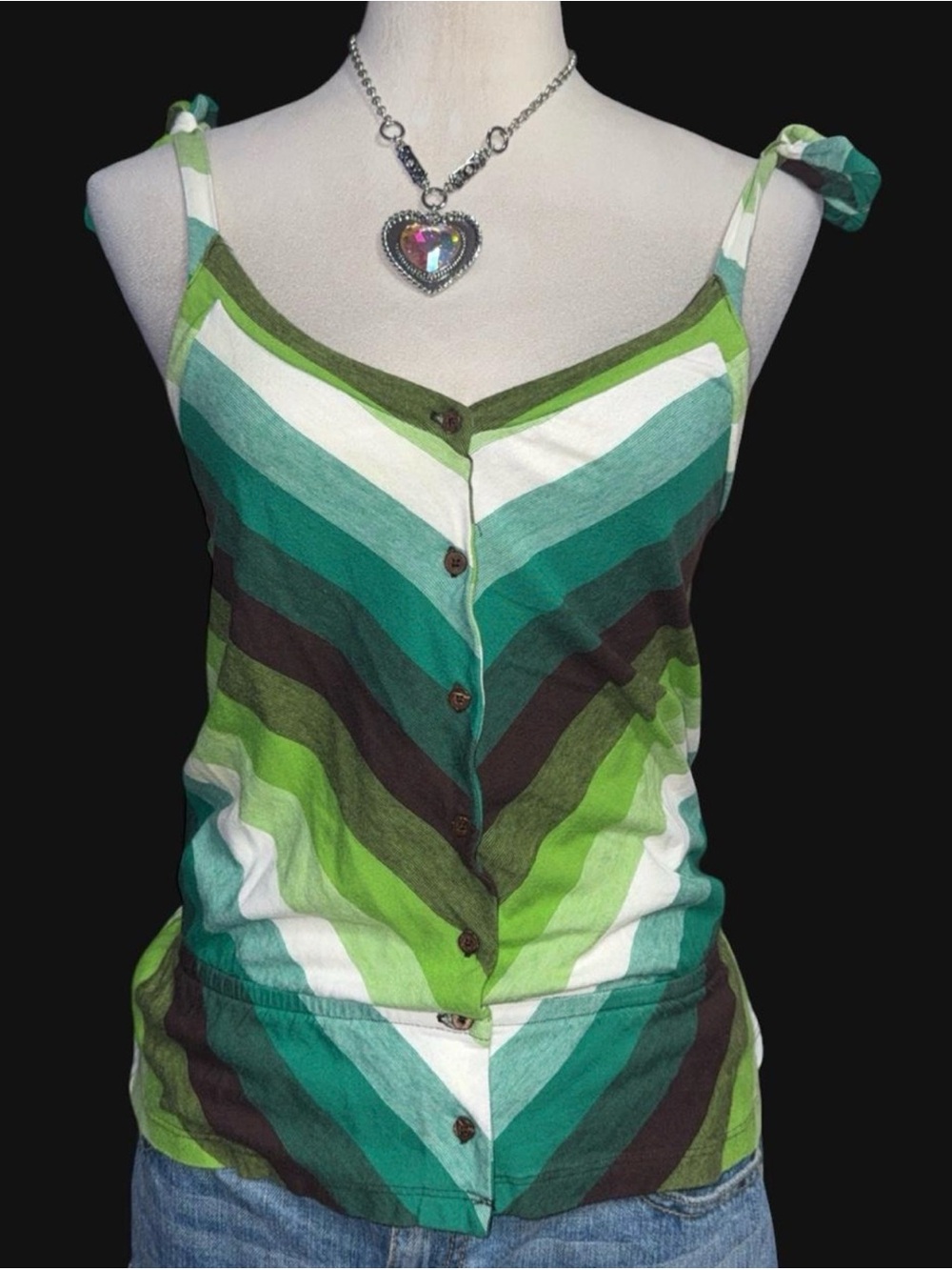 Old Navy Green & White Striped Tie-Shoulder Camisole Y2K